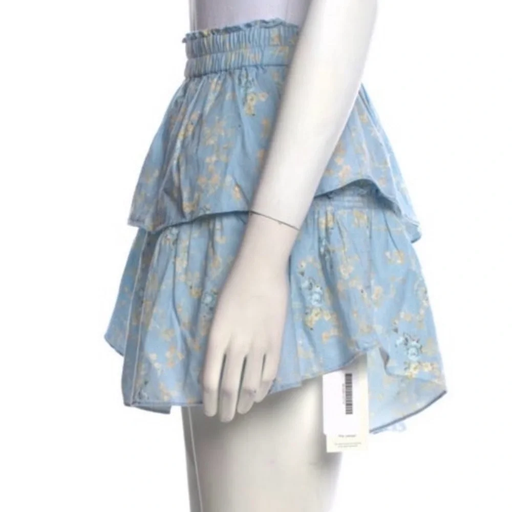 LoveShackFancy NWT Dim Star Mini Skirt Blue Floral Tiered Ruffle XL